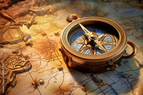 AI generated illustration of a compass on an antique world map