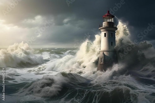 AI generated illustration of a picturesque lighthouse overlooking turbulent waves in an overcast sky