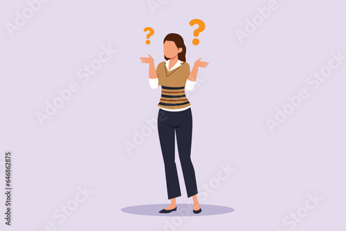 Confused Women in doubts and thoughts concept. Colored flat vector illustration isolated. 