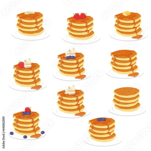 Ten sets of tasty pancakes with different toppings
