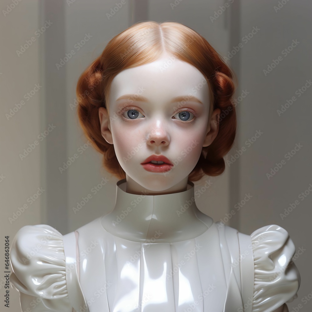 there is a woman with a big red head wearing a white dress there is a woman with a big red head wearing a white dress