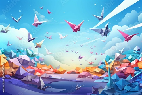 AI generated illustration of a vibrant abstract world created out of origami paper cranes