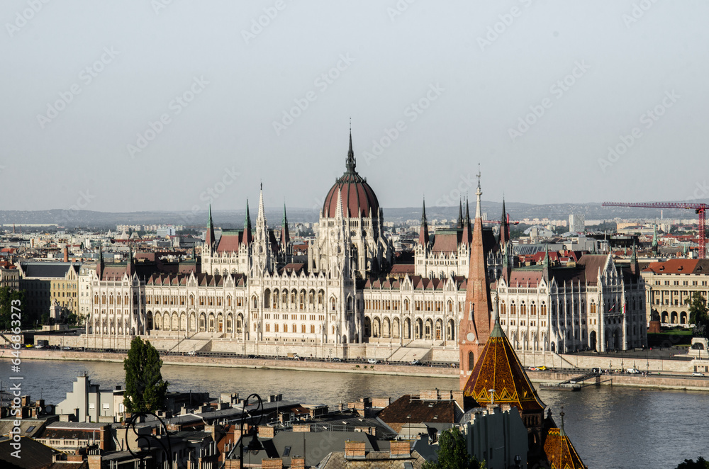 Panoramic view of Hungarian Parliament Building from Buda Castle, Budapest