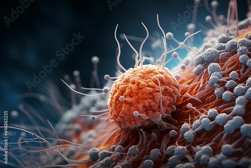 Cancer cells viewed through a microscope lens, AI-generated. photo