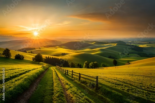 A panorama of the Romanian countryside at sunset in the evening light during springtime is a breathtaking sight generated AI