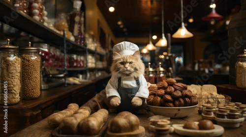 A tabby cat wearing a chef hat, sitting on a wooden table amongst a selection of dried ingredients © Baiocco Julien/Wirestock Creators