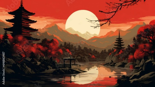 AI generated illustration of a traditional painting of a Japanese temple at sunset © Ocin/Wirestock Creators