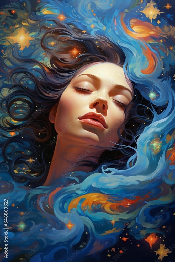 AI generated illustration of a gorgeous woman lying against a backdrop of twinkling stars AI generated illustration of a gorgeous woman lying against a backdrop of twinkling stars