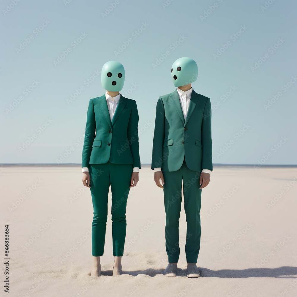 AI generated illustration of two men wearing alien masks dressed in ...