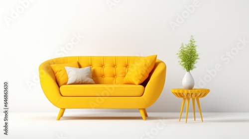Interior of living room modern style with yellow sofa and houseplant on white
