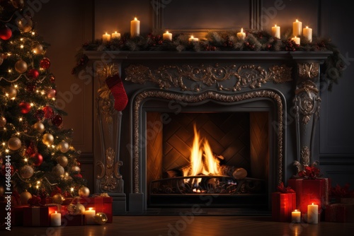 Christmas tree and burning fireplace, warm house and Xmas decoration in Winter holiday