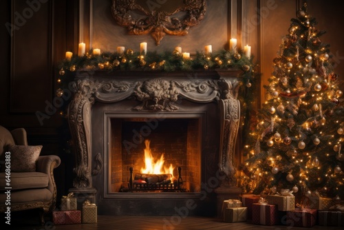 Christmas tree and burning fireplace, warm house and Xmas decoration in Winter holiday