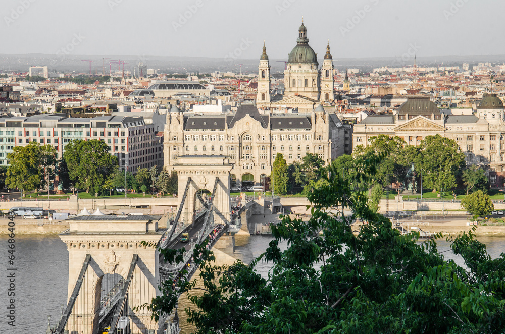Budapest, Hungary, August 13, 2023. Panorama of Pest and Chain Bridge from Buda Castle. 