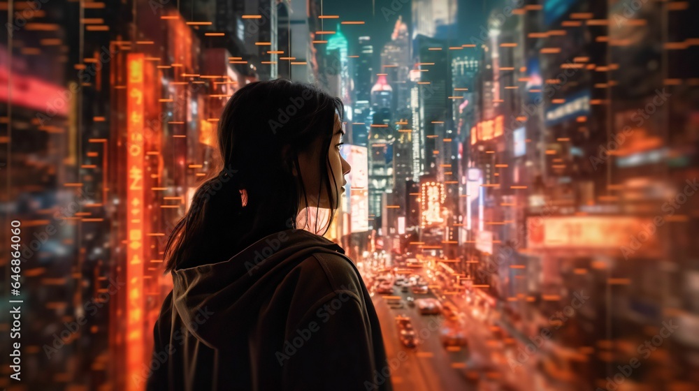 Female standing with her back to the camera looking at the cityscape. AI generated