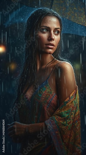 Woman in a colorful shirt standing outside in the rain. AI generated