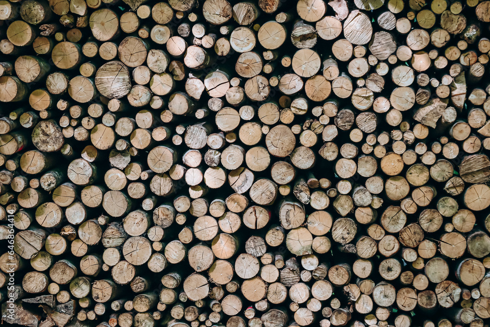 Firewood prepared for the winter and stacked to dry in the forest Firewood prepared for the winter and stacked to dry in the forest