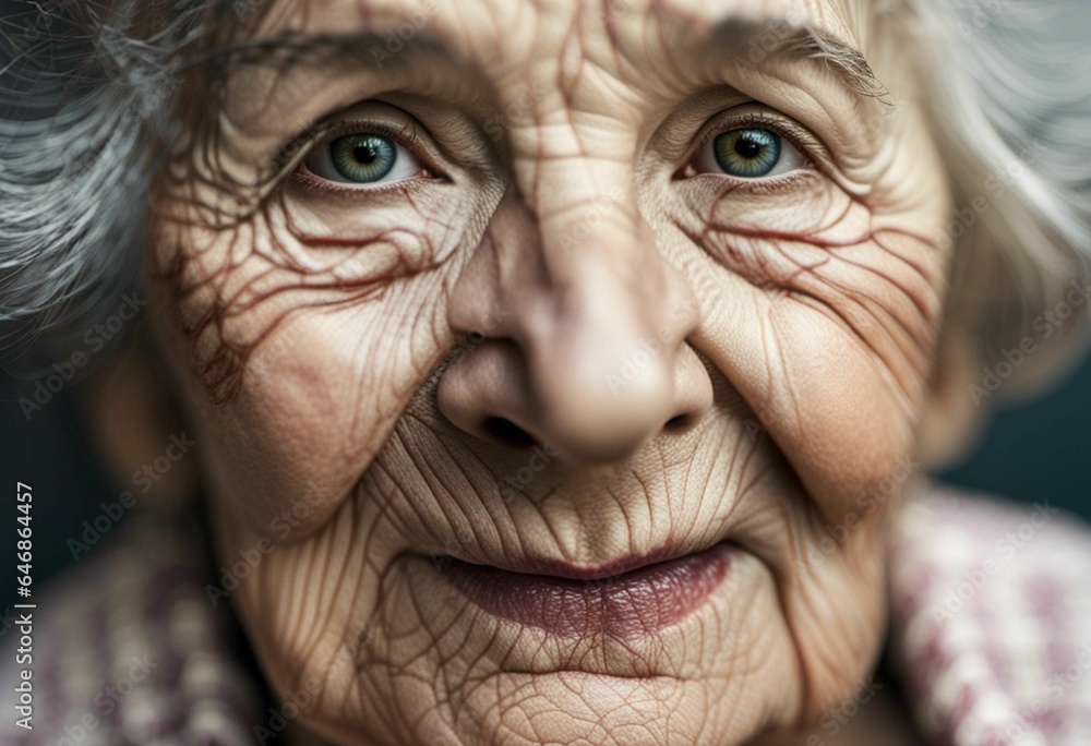 Elderly woman with silver-gray hair beside a window, illuminated by natural light. Ai generated