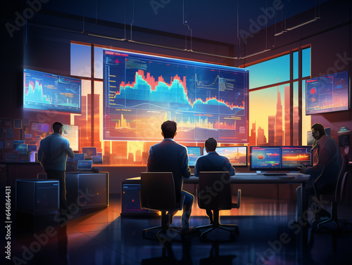 An entrepreneurial business team is engaged in a discussion and analysis of stock market trading graphs, focusing on their investment strategies and stock trading decisions
