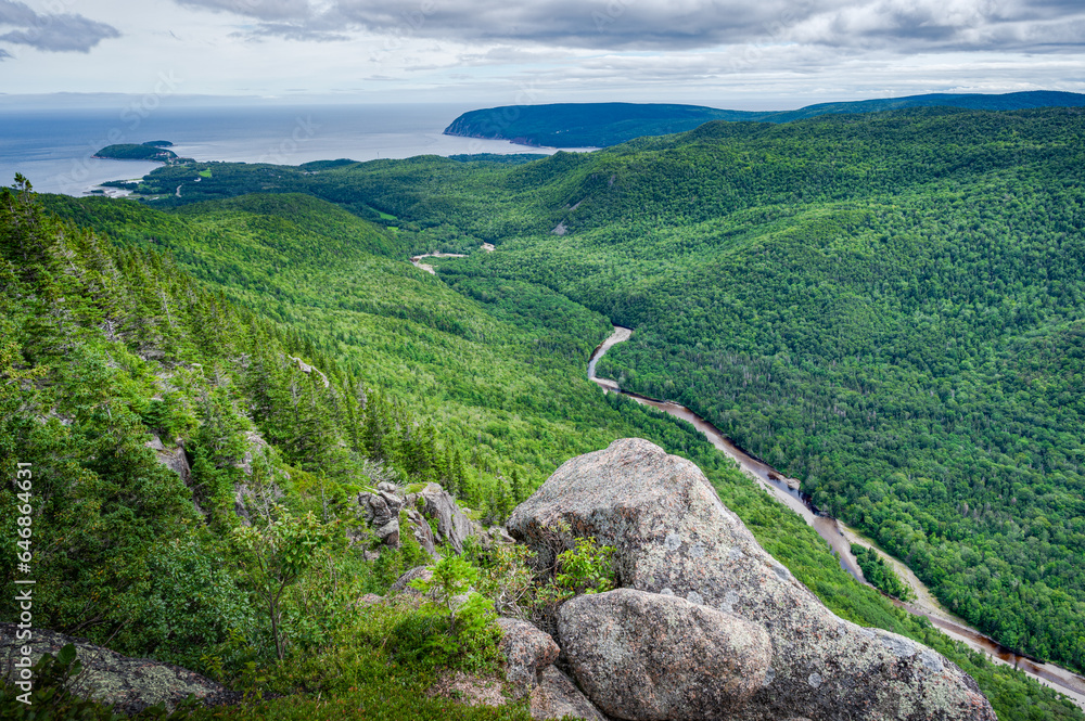 Wonderful view over the valley from Franey trail on a nice summer day, Highlands, national park, Cape Breton island, Nova Scotia, Canada