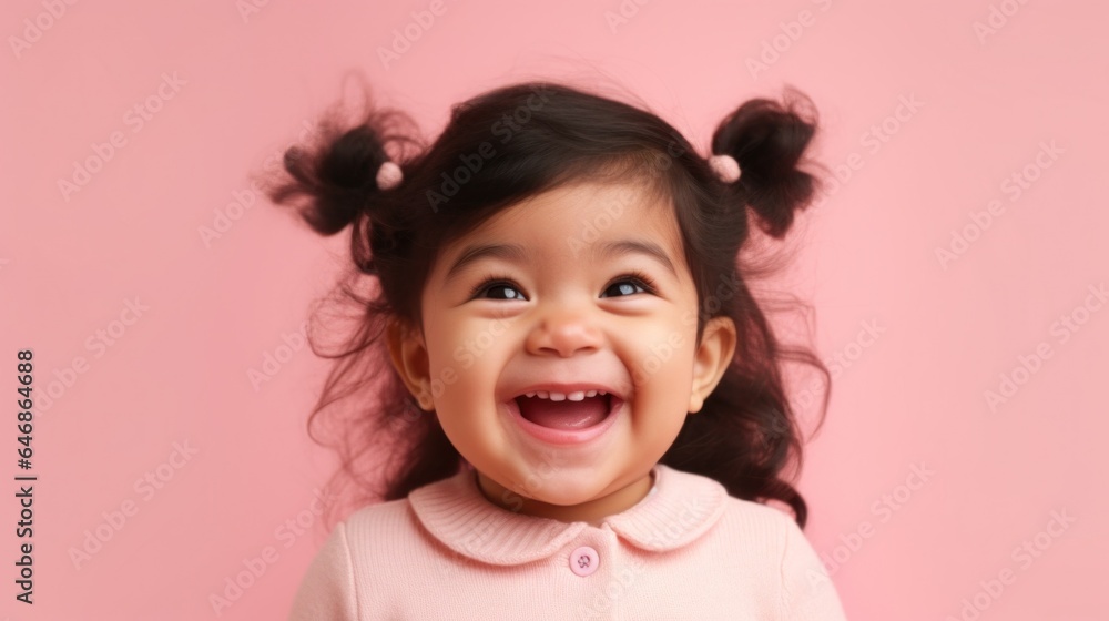 Multiracial toddler girl grinning on a light beige-pink background in studio attire. Generative AI Multiracial toddler girl grinning on a light beige-pink background in studio attire. Generative AI