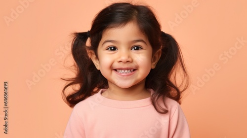 Portrait of a cheerful multicultural toddler girl, wearing neutral clothes, smiling against a pinkish-beige backdrop. Generative AI