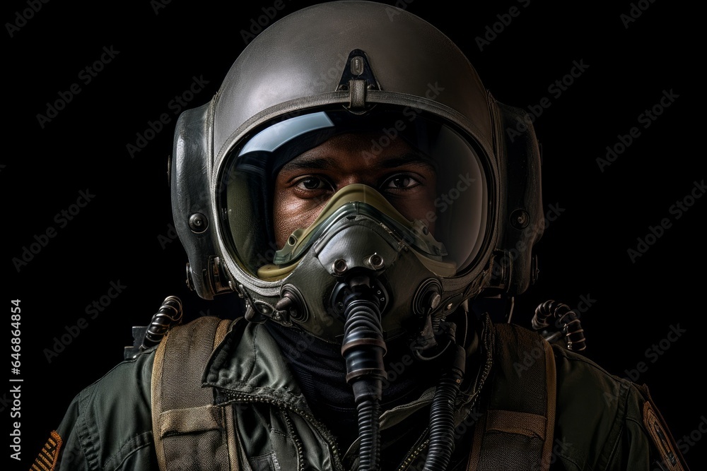 Young male in military uniform and aviator goggles stands in a studio setting, AI-generated.