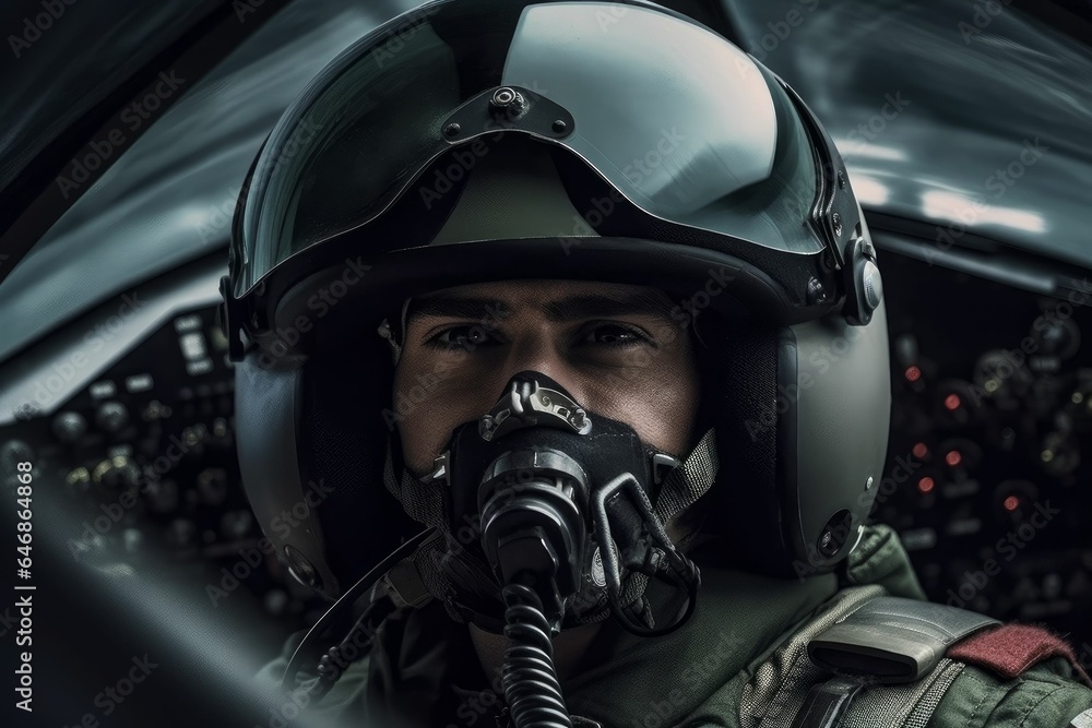Mature male sitting in the cockpit of a military jet, wearing an oxygen ...