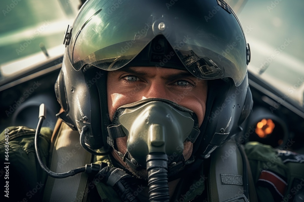 Mature male sitting in the cockpit of a military jet, wearing an oxygen ...