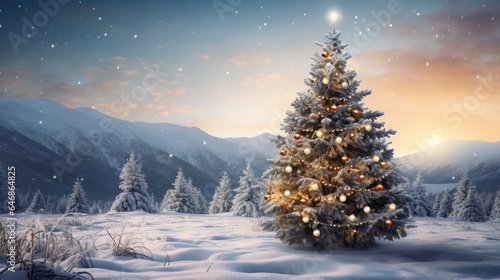 Christmas tree with lights in winter forest with snow at frosty Christmas night. Beautiful winter holiday landscape. © DenisNata