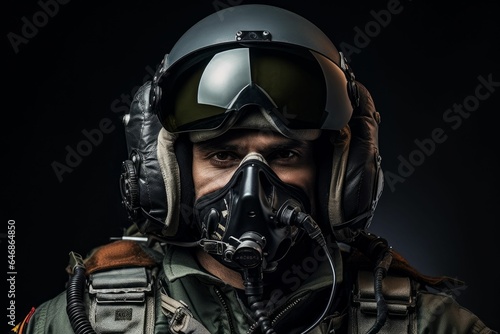 Young male in military uniform and aviator goggles stands in a studio setting, AI-generated.