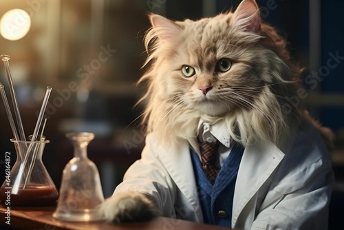 AI generated illustration of a tabby cat wearing a white lab coat