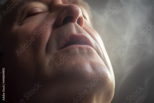 Closeup of a man's face, with his eyes closed, and smoke emanating from his head, AI-generated.