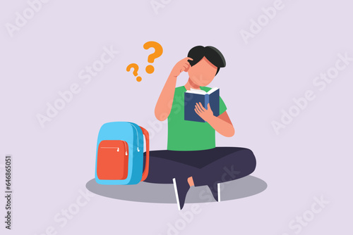 Confused man in doubts and thoughts concept. Colored flat vector illustration isolated. 