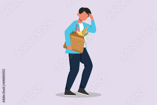 Confused man in doubts and thoughts concept. Colored flat vector illustration isolated. 