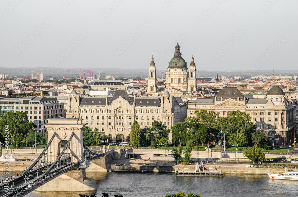 Budapest, Hungary, August 15, 2023. Panorama of Pest side and City Chain Bridge. Budapest, Hungary, August 15, 2023. Panorama of Pest side and City Chain Bridge.
