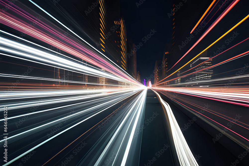 Abstract long exposure dynamic speed light trails background. Traffic in the night