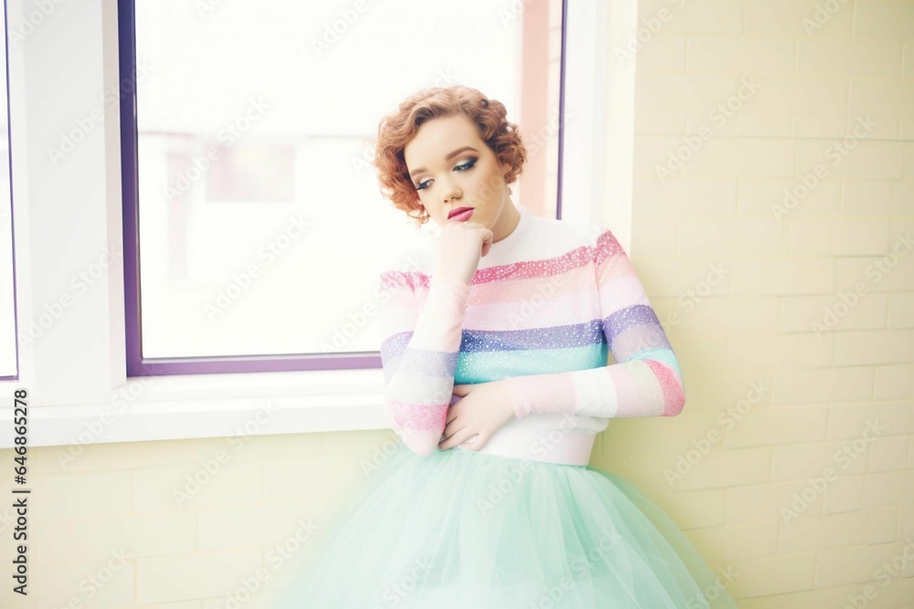 AI generated illustration of a beautiful woman wearing a vibrant, multicolored dress AI generated illustration of a beautiful woman wearing a vibrant, multicolored dress