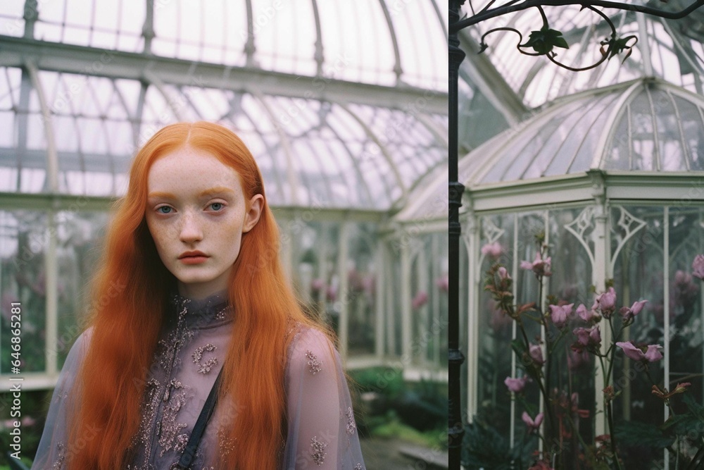 AI generated illustration of a young female with long vibrant red hair standing near a greenhouse AI generated illustration of a young female with long vibrant red hair standing near a greenhouse