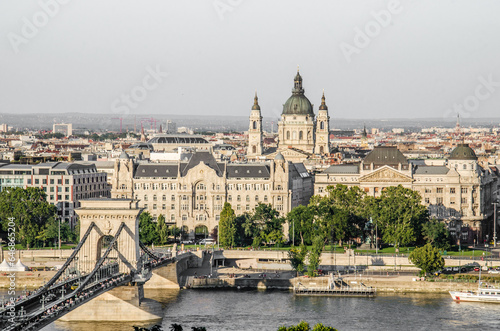 Budapest, Hungary, August 15, 2023. Panorama of Pest side and City Chain Bridge.