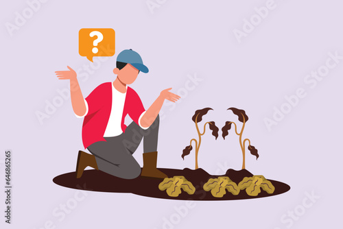 Confused man in doubts and thoughts concept. Colored flat vector illustration isolated. 