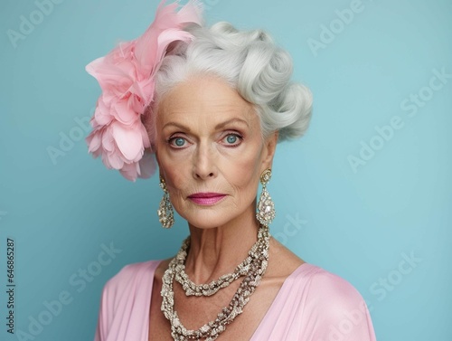 AI generated illustration of an elderly woman with white hair wearing a pink dress and earrings