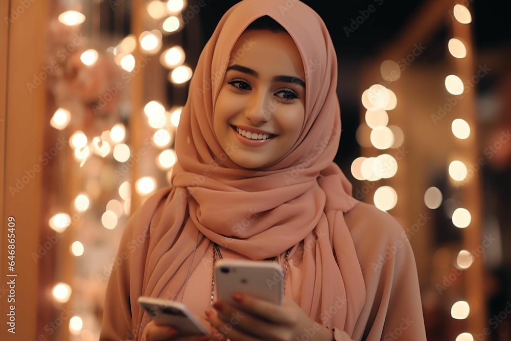 AI generated illustration of a woman wearing a hijab on the backdrop of bokeh lights AI generated illustration of a woman wearing a hijab on the backdrop of bokeh lights