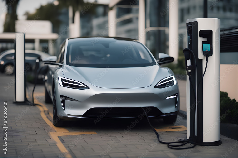 An Electric Vehicle is plugged into a public charging station. An Electric Vehicle is plugged into a public charging station.