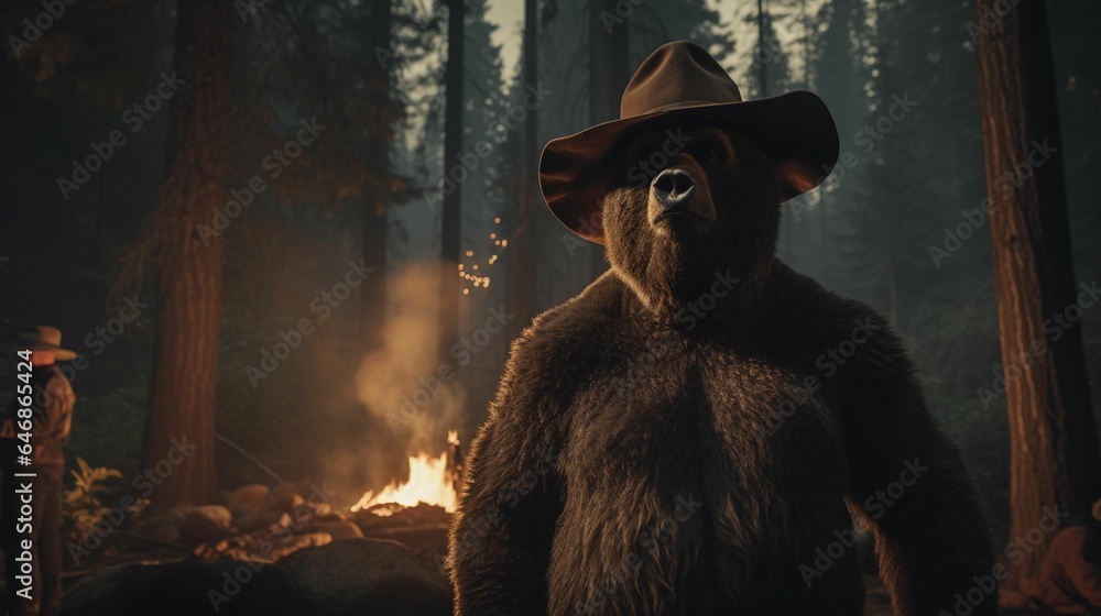 AI generated illustration of a grizzly bear wearing a cowboy hat in front of a fire in a forest - obrazy, fototapety, plakaty 