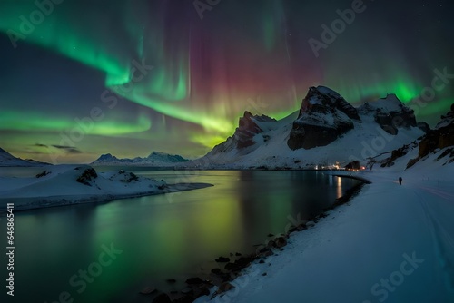 The image you've described is a breathtaking and magical scene of the aurora borealis, also known as the Northern Lights, lighting up the night sky over a snowy mountain ridge near a lake generated Ai