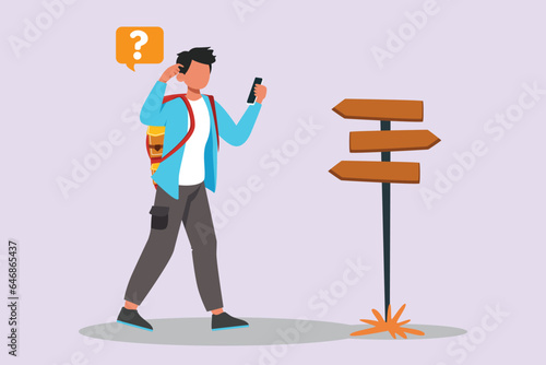 Confused man in doubts and thoughts concept. Colored flat vector illustration isolated. 
