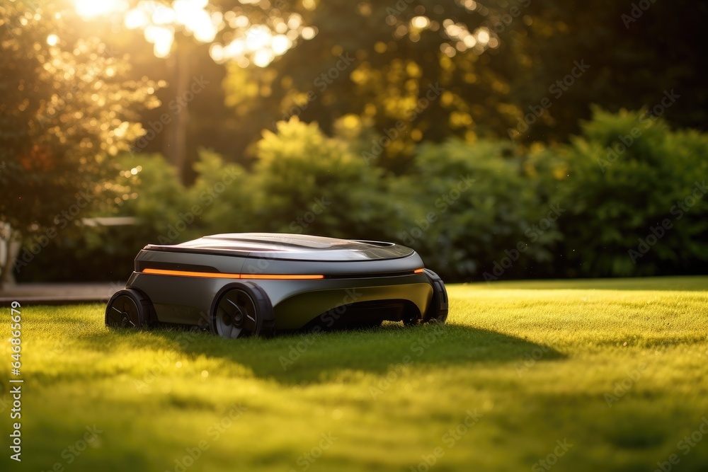 Sunny scene featuring a robotic lawn mower in action. Sunny scene featuring a robotic lawn mower in action.