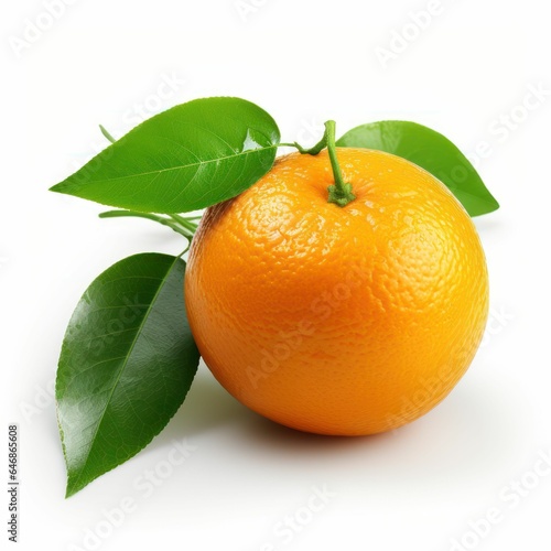 a close up shot of an orange with leaves on a white background