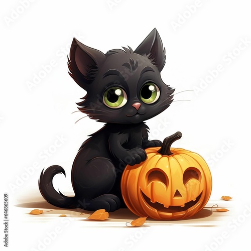an adorable cartoon black cat with a yellow pumpkin isolated on a white background © Excalibur1/Wirestock Creators