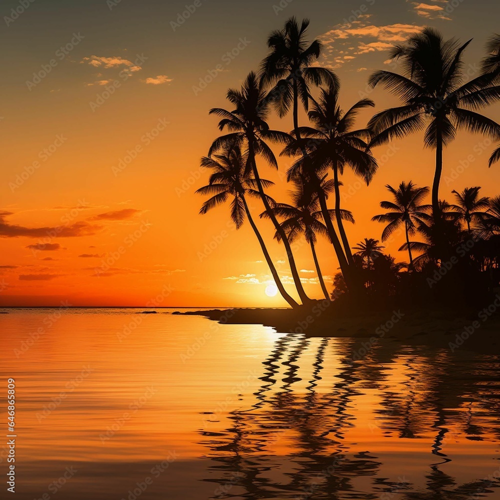 AI generated illustration of a tropical beach at sunrise